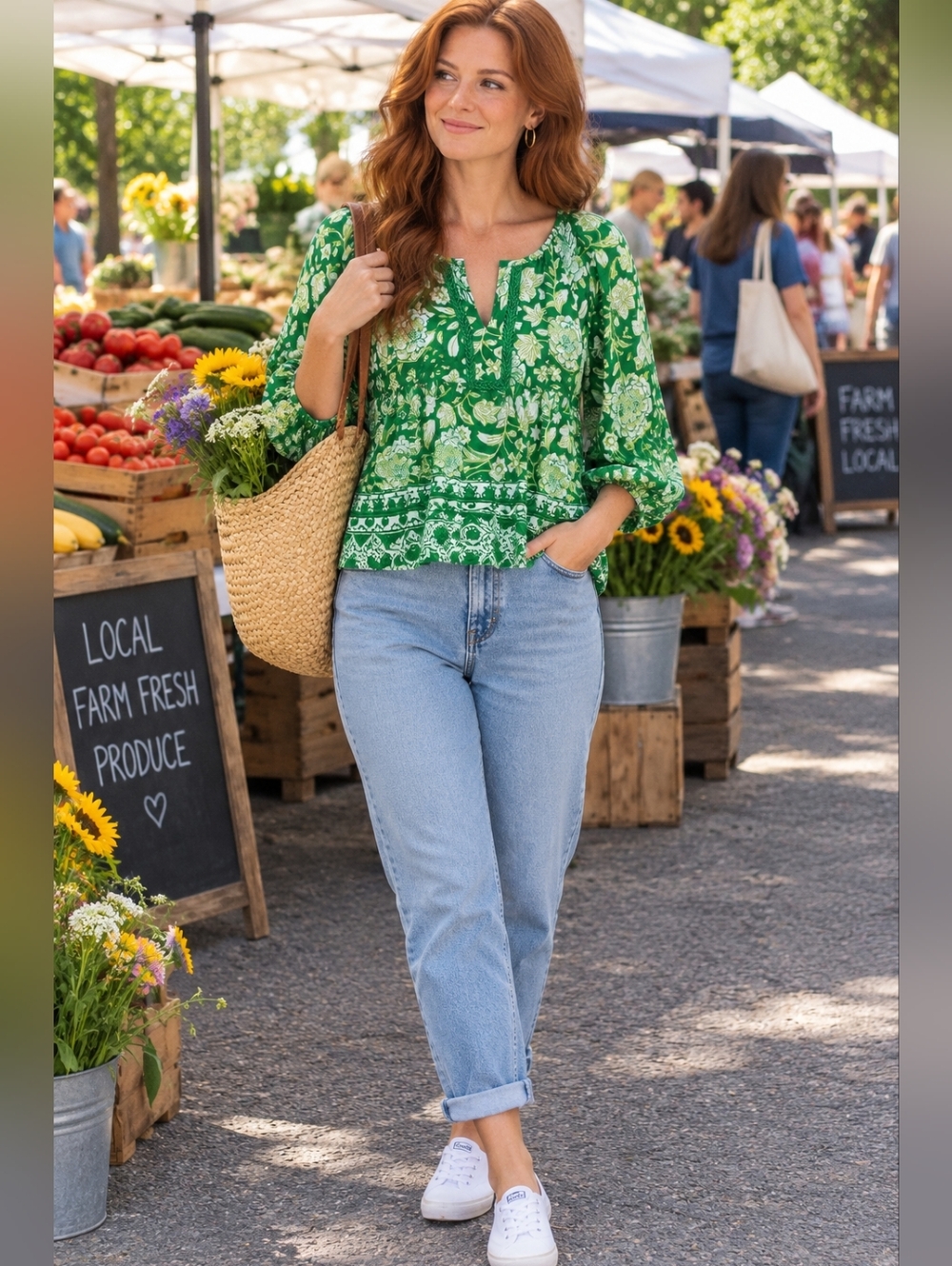 Farmers Market Green Floral Top Crochet Trim Split Yoke Boho Peasant Flowy